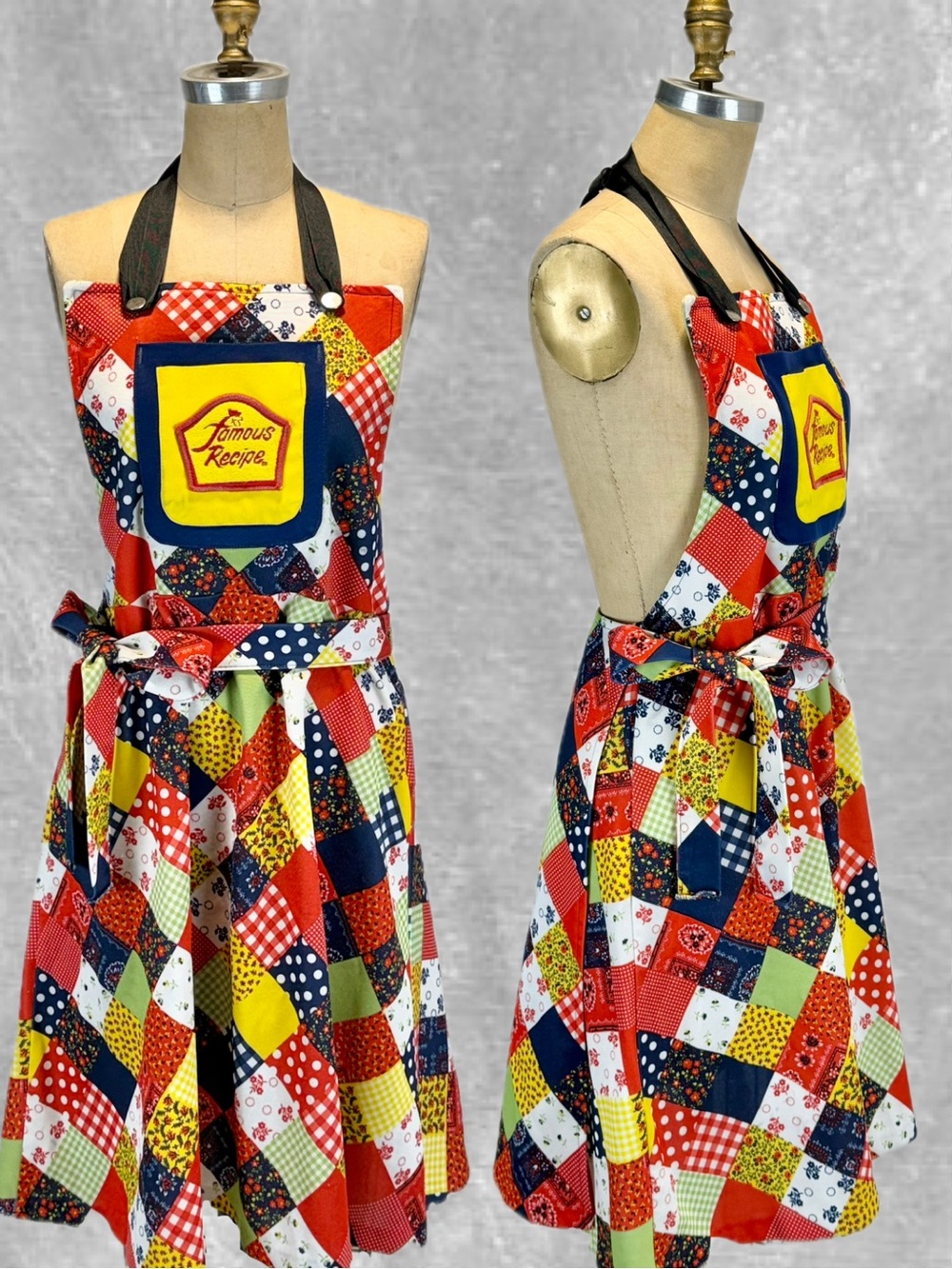 VINTAGE 70s patchwork bib overall apron wrap dress Famous Recipes bold quirky